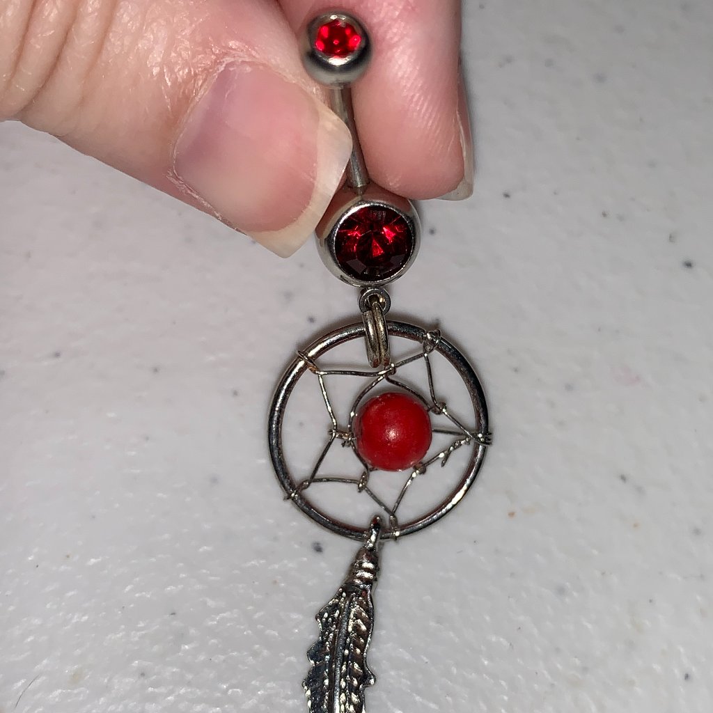 14 Gauge Dream Catcher Belly Ring, 2 Gem Dark Red Gem And Red Bead